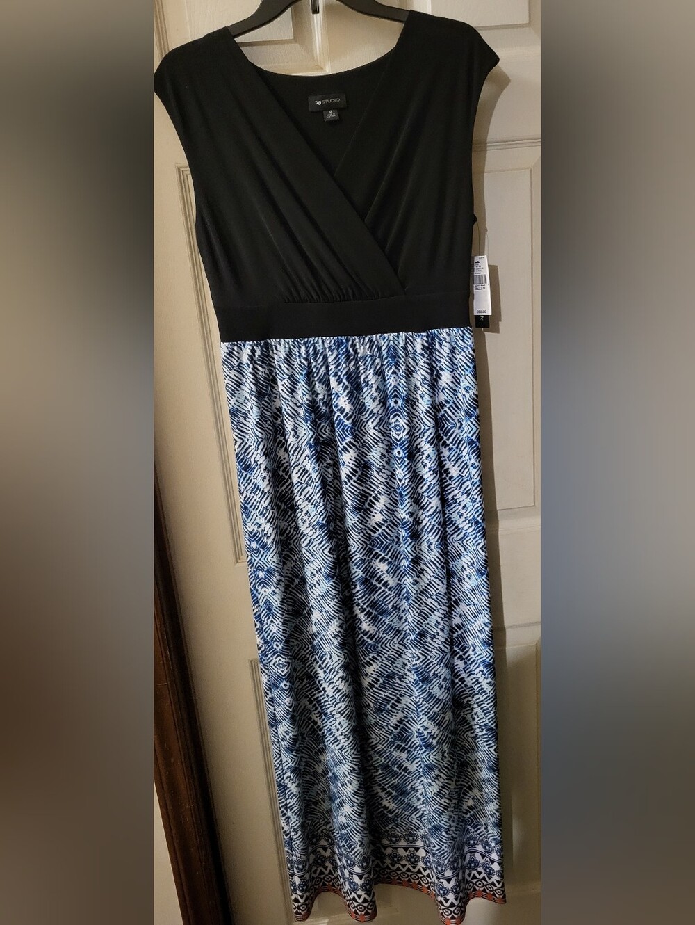 AB Studio Black Sleeveless Maxi with Blue Geo-Print Skirt